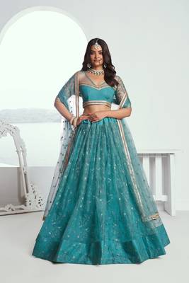 Beautiful Teal Net With Embroidered And Thread Zari Sequence Wedding Lehenga Choli 1