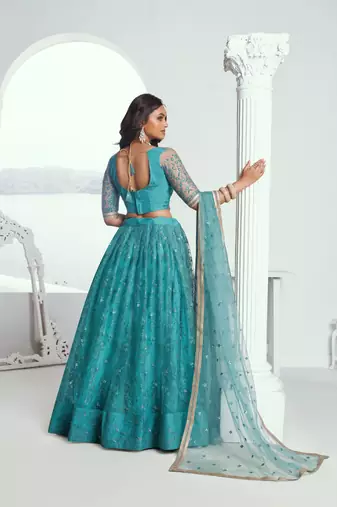 Beautiful Teal Net With Embroidered And Thread Zari Sequence Wedding Lehenga Choli