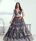 Appealing Dark Gray Net With Embroidered And Thread Zari Sequence Party Wear Lehenga Choli