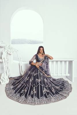 Appealing Dark Gray Net With Embroidered And Thread Zari Sequence Party Wear Lehenga Choli 2
