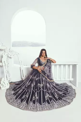 Appealing Dark Gray Net With Embroidered And Thread Zari Sequence Party Wear Lehenga Choli