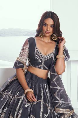 Appealing Dark Gray Net With Embroidered And Thread Zari Sequence Party Wear Lehenga Choli 4
