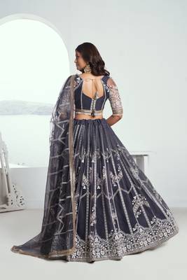 Appealing Dark Gray Net With Embroidered And Thread Zari Sequence Party Wear Lehenga Choli 5
