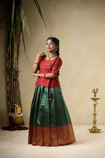 green  bandhini waves kids pattu pavadai