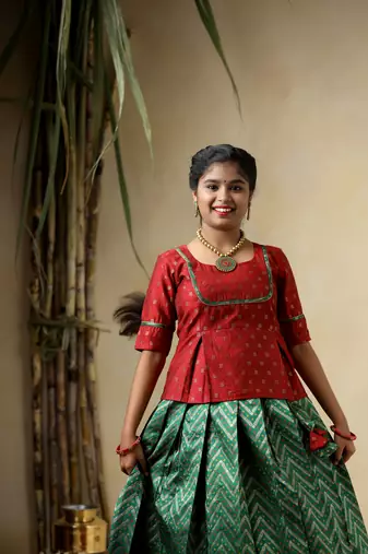 green  bandhini waves kids pattu pavadai