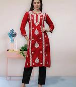 Red cotton lucknowi chikankari kurta