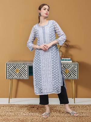Grey georgette lucknowi chikankari kurta with slip 1