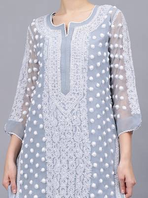 Grey georgette lucknowi chikankari kurta with slip 2