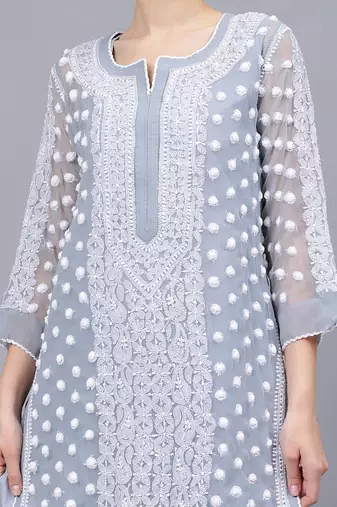 Grey georgette lucknowi chikankari kurta with slip