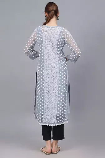 Grey georgette lucknowi chikankari kurta with slip