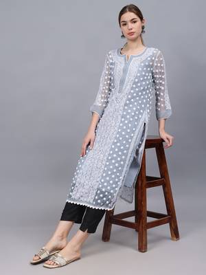 Grey georgette lucknowi chikankari kurta with slip 4