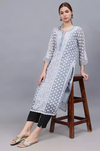 Grey georgette lucknowi chikankari kurta with slip