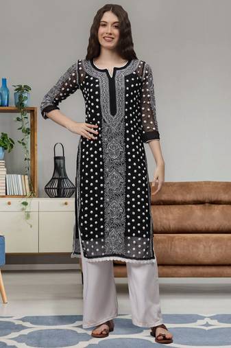 Black georgette lucknowi chikankari kurta with slip