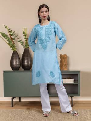 Blue cotton lucknowi chikankari kurta 1