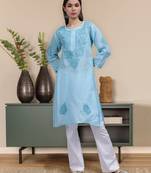 Blue cotton lucknowi chikankari kurta