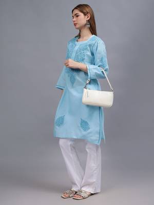 Blue cotton lucknowi chikankari kurta 4