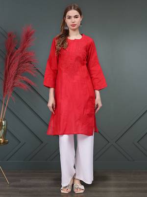 Red cotton lucknowi chikankari kurta 1