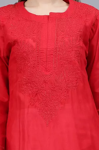 Red cotton lucknowi chikankari kurta