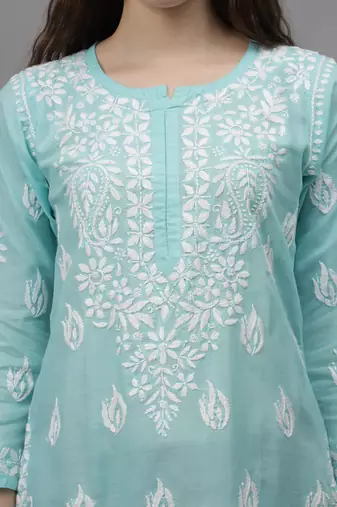 Sea green cotton lucknowi chikankari kurta