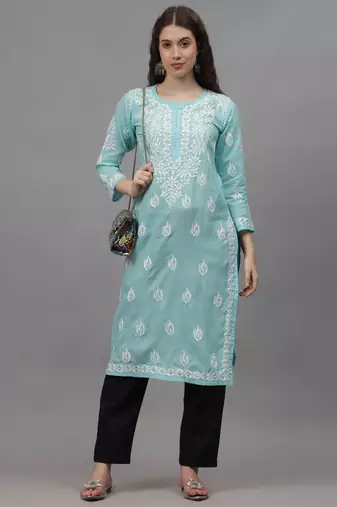 Sea green cotton lucknowi chikankari kurta