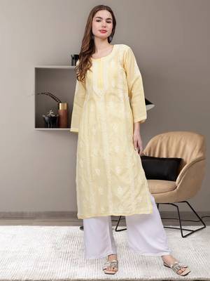 Beige terivoil cotton lucknowi chikankari kurta 1