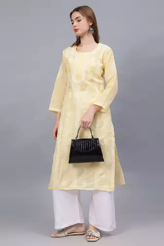 Beige terivoil cotton lucknowi chikankari kurta