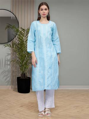 Blue terivoil cotton lucknowi chikankari kurta 1