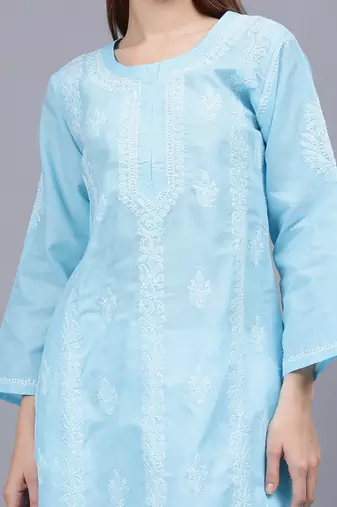 Blue terivoil cotton lucknowi chikankari kurta