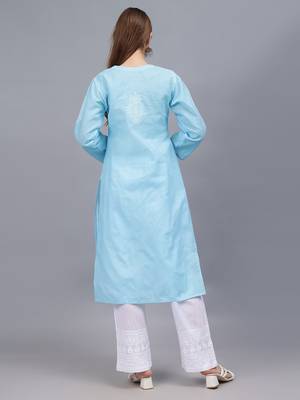 Blue terivoil cotton lucknowi chikankari kurta 3