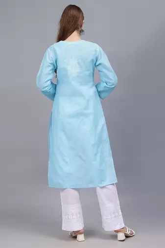 Blue terivoil cotton lucknowi chikankari kurta