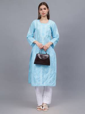Blue terivoil cotton lucknowi chikankari kurta 4
