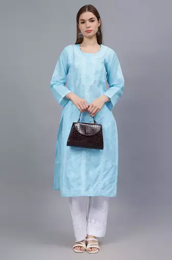 Blue terivoil cotton lucknowi chikankari kurta