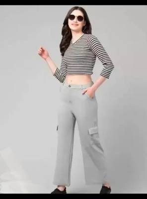 Pavonine grey color cotrise fabric with 4 pockets cargo/trousers for girls & women 5
