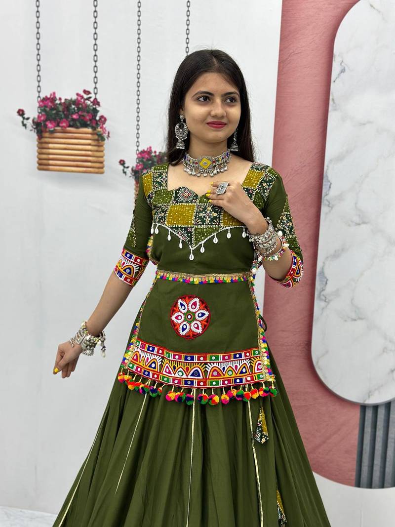 Mehendi Colour pure Cotton Rajasthani Style Stitched Lehenga Choli