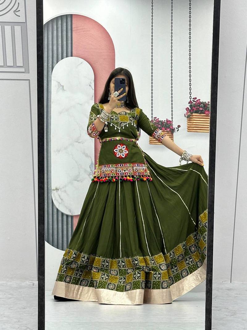 Mehendi Colour pure Cotton Rajasthani Style Stitched Lehenga Choli