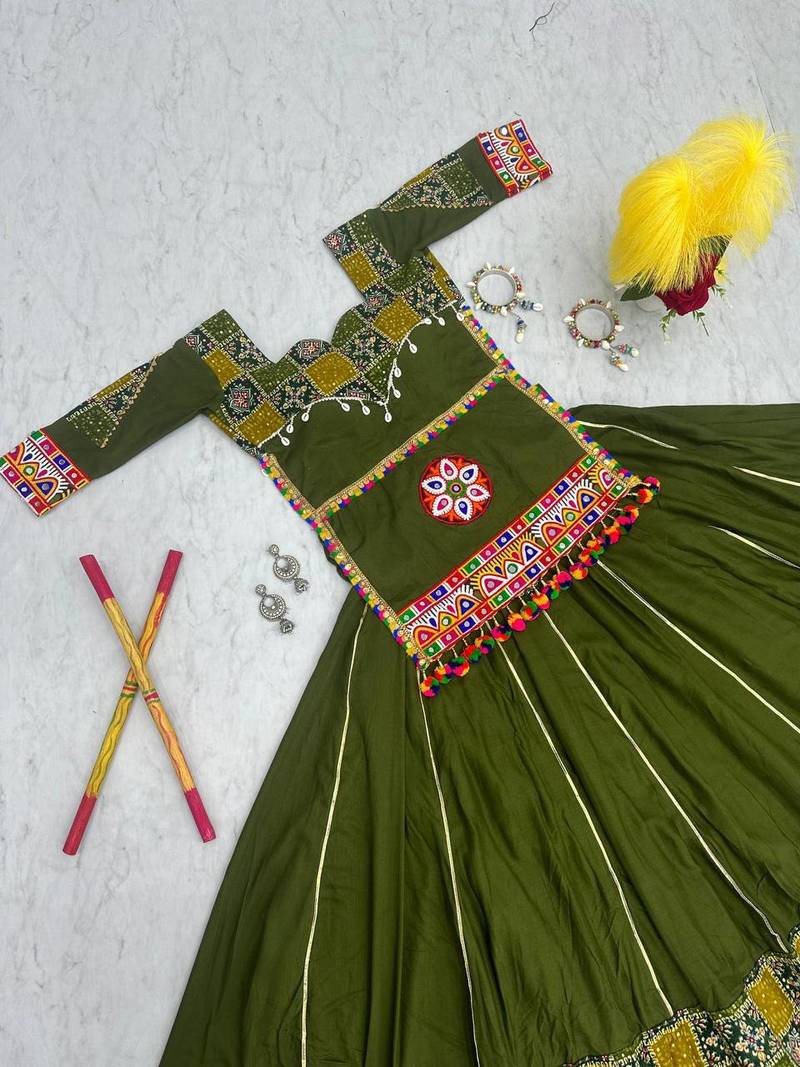 Mehendi Colour pure Cotton Rajasthani Style Stitched Lehenga Choli