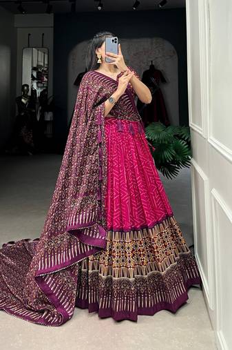 Bandhej And Ajarakh Print Tussar Silk Lehenga Choli