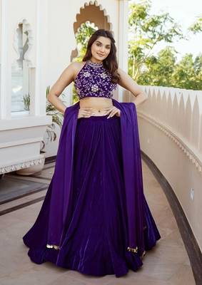PURPLE THREAD & SEQUINS EMBROIDERED WITH VELVET FABRIC DESIGNER WEDDING PARTY WEAR FESTIVAL SEMI STITCHED LEHENGA CHOLI 1