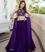 PURPLE THREAD & SEQUINS EMBROIDERED WITH VELVET FABRIC DESIGNER WEDDING PARTY WEAR FESTIVAL SEMI STITCHED LEHENGA CHOLI