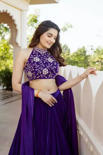 PURPLE THREAD & SEQUINS EMBROIDERED WITH VELVET FABRIC DESIGNER WEDDING PARTY WEAR FESTIVAL SEMI STITCHED LEHENGA CHOLI