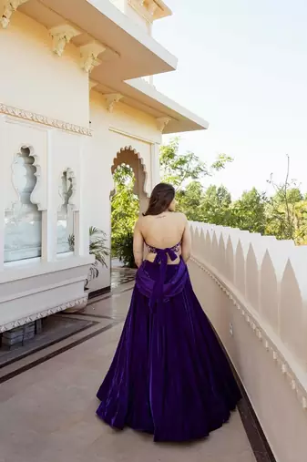 PURPLE THREAD & SEQUINS EMBROIDERED WITH VELVET FABRIC DESIGNER WEDDING PARTY WEAR FESTIVAL SEMI STITCHED LEHENGA CHOLI
