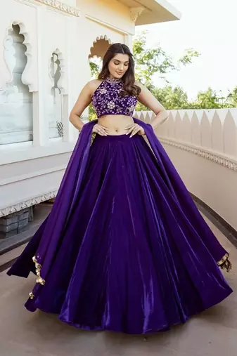 PURPLE THREAD & SEQUINS EMBROIDERED WITH VELVET FABRIC DESIGNER WEDDING PARTY WEAR FESTIVAL SEMI STITCHED LEHENGA CHOLI