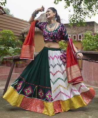 MULTICOLOR THREAD EMBROIDERED WITH MIRROR WORK VISCOSE RAYON TRADITIONAL NAVRATRI PARTY FESTIVAL STITCHED LEHENGA CHOLI 1