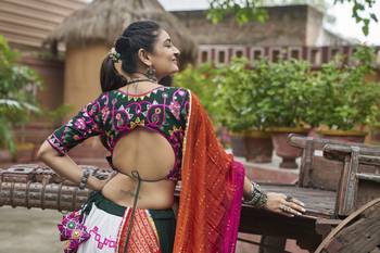 MULTICOLOR THREAD EMBROIDERED WITH MIRROR WORK VISCOSE RAYON TRADITIONAL NAVRATRI PARTY FESTIVAL STITCHED LEHENGA CHOLI 4