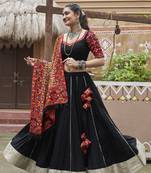 BLACK THREAD EMBROIDERED WITH MIRROR WORK VISCOSE RAYON TRADITIONAL NAVRATRI PARTY WEAR FESTIVAL STITCHED LEHENGA CHOLI