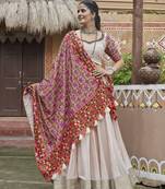 BEIGE THREAD EMBROIDERED WITH MIRROR WORK VISCOSE RAYON TRADITIONAL NAVRATRI PARTY WEAR FESTIVAL STITCHED LEHENGA CHOLI