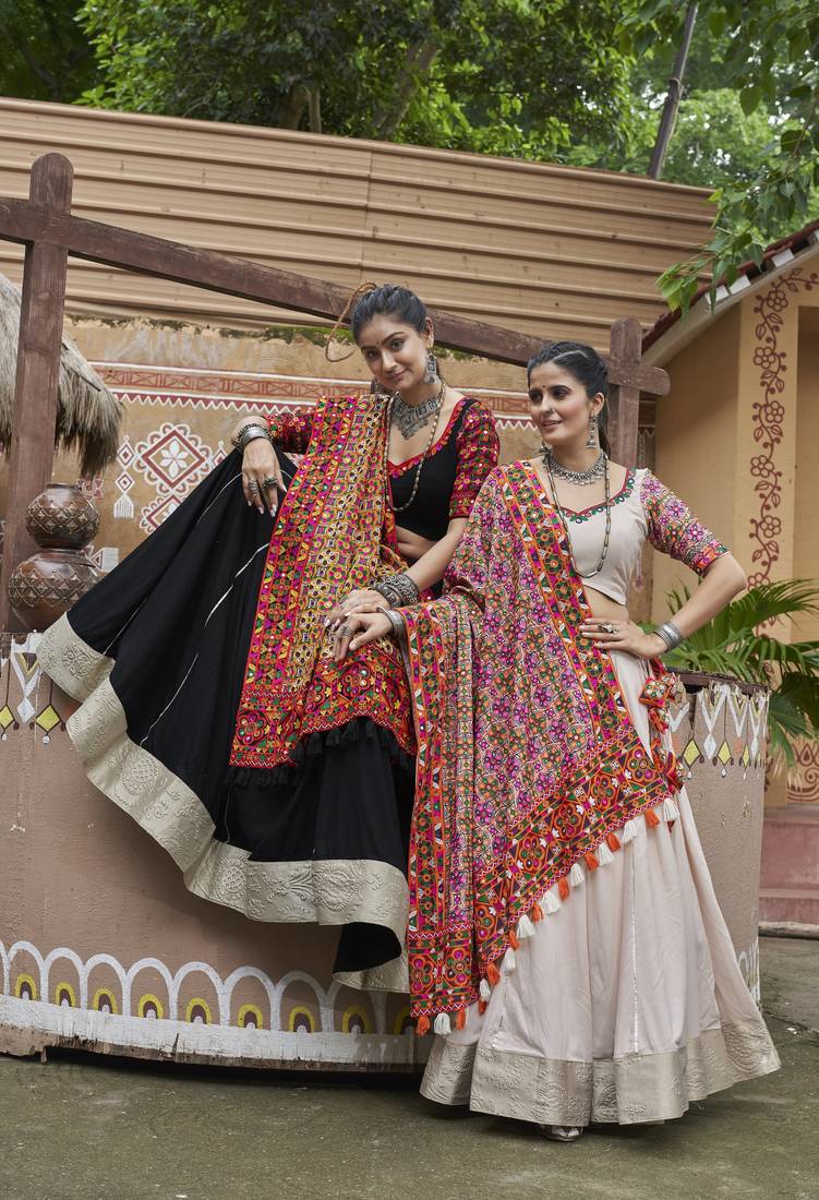 BLACK THREAD EMBROIDERED WITH MIRROR WORK VISCOSE RAYON TRADITIONAL NAVRATRI PARTY WEAR FESTIVAL STITCHED LEHENGA CHOLI