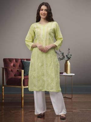 Pista green terivoil cotton lucknowi chikankari kurta 1