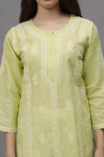 Pista green terivoil cotton lucknowi chikankari kurta