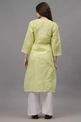 Pista green terivoil cotton lucknowi chikankari kurta